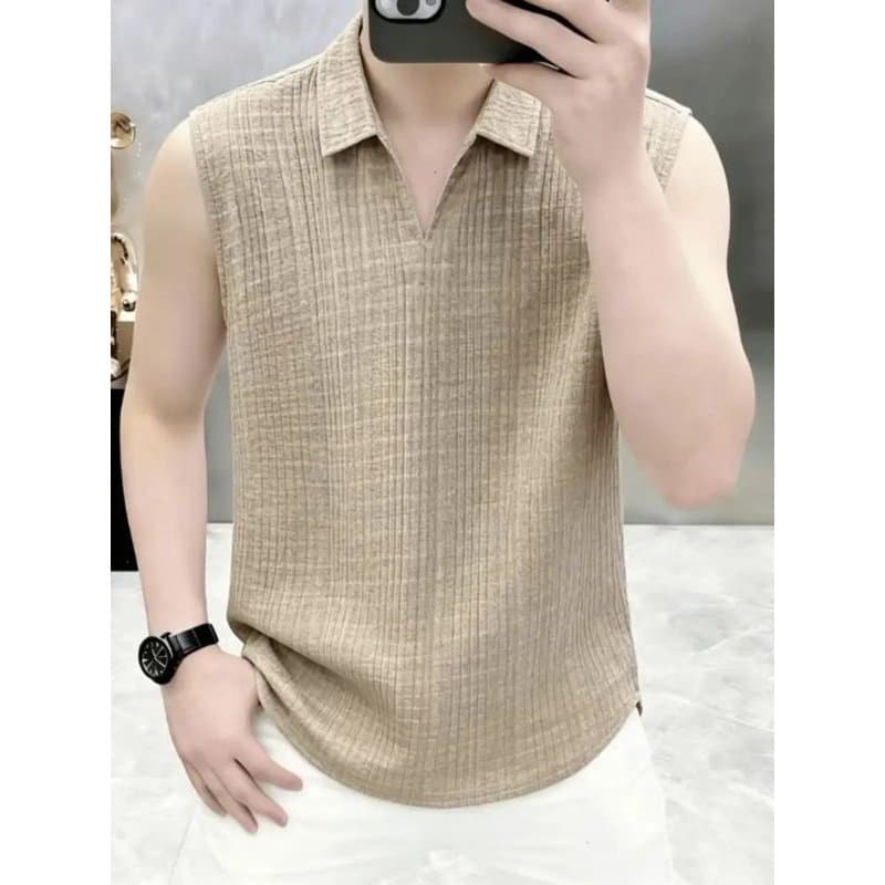High-End masculino verão na moda lapela solta sem mangas colete camiseta moda Casual All-Match topo juventude