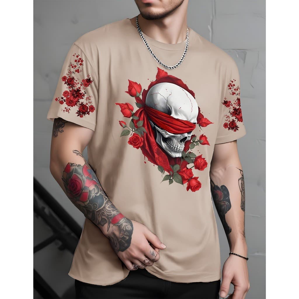 Camiseta Masculina Skull Estampada 100% Algodão Premium Casual Streetwear Gola Careca Manga Curta