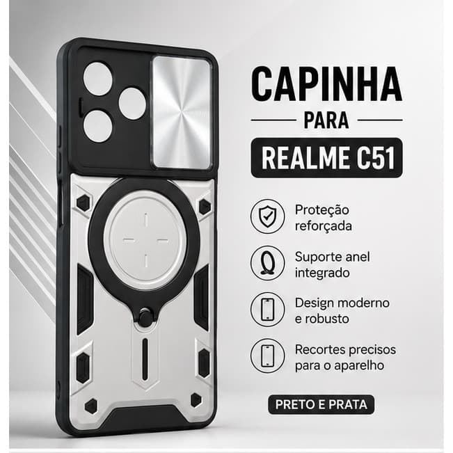 Capinha para Realme C51 Reforçada Antichoque com Suporte Anel Traseiro Preto e Prata