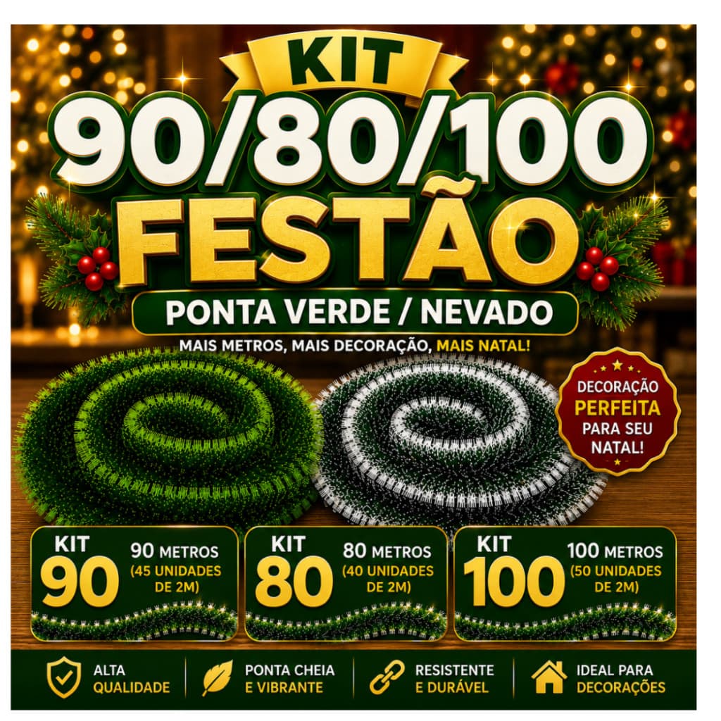 Kit 80/90/100 Metros Festão de Natal Ponta Verde/Nevado 2M x 9CM – Decoração Natalina para Árvore, Porta, Escada e Mesa