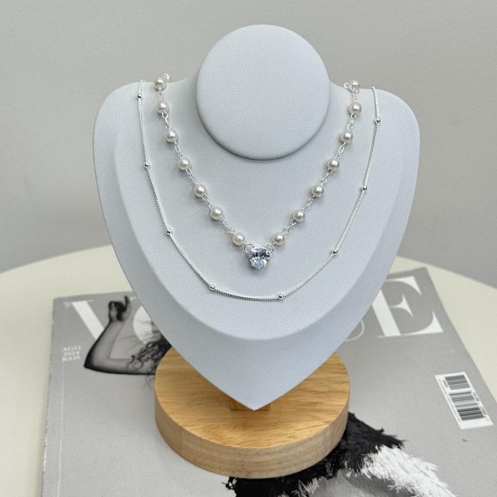 Colar Choker Duplo Bolinhas Pérola Coração Cristal A Prata 925 Antialergico
