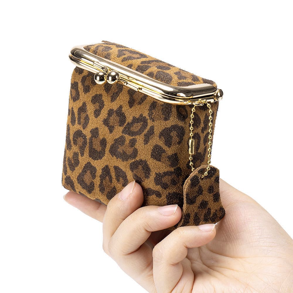 Mini porta-moedas de couro genuíno com estampa de leopardo, armazenamento multifuncional, prático para transportar.