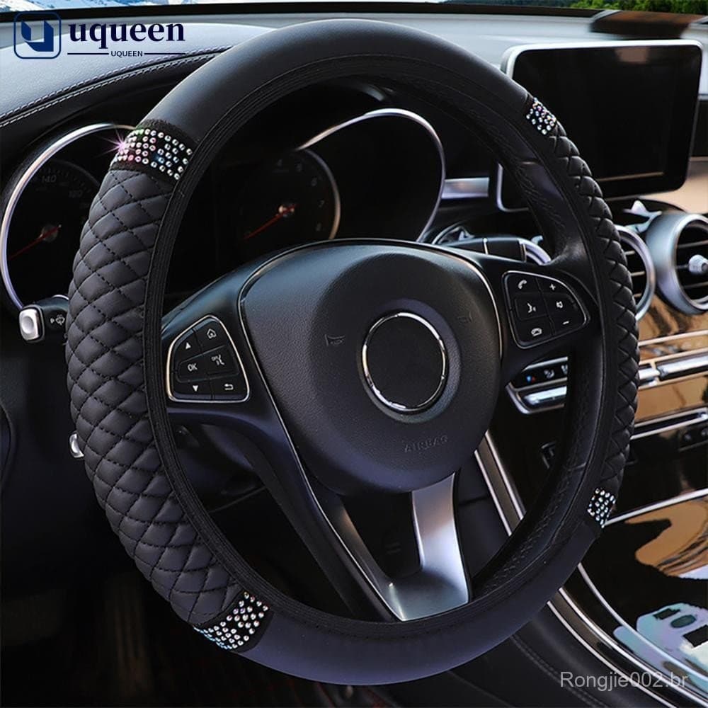 UQUEEN Capa Universal Para Volante De Carro , 1 Peça , Couro Bordado , Cor , Cravejado De Diamantes , Elástica , 37-38cm