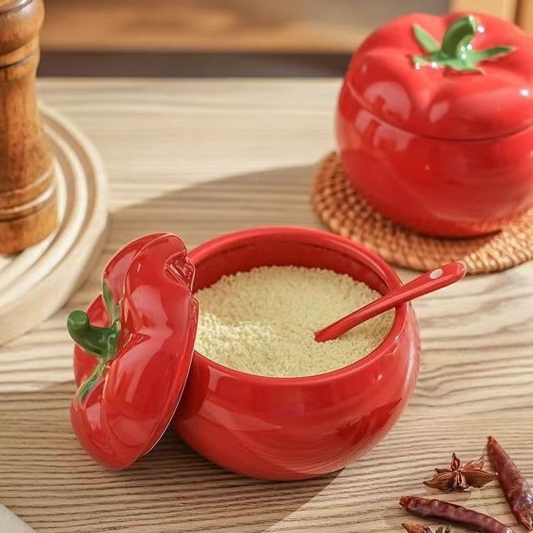 Pequeno frasco de tempero em forma de tomate 420ml capacidade Underglaze cor talheres cerâmicos
