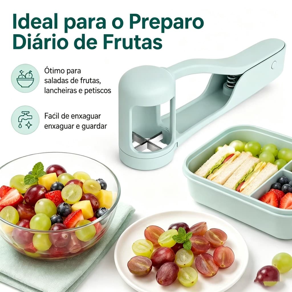 Prato de salada de frutas, com fatiador de uva, separador de frutas frescas, utensílios de cozinha para cortar frutas