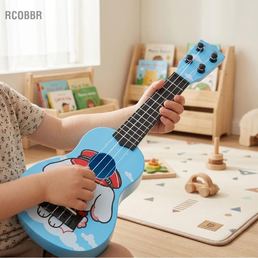 Rcobbr Rcobbr Brinquedo de guitarra jogável para crianças, desenho animado, ukulele de 4 cordas, aprendizado