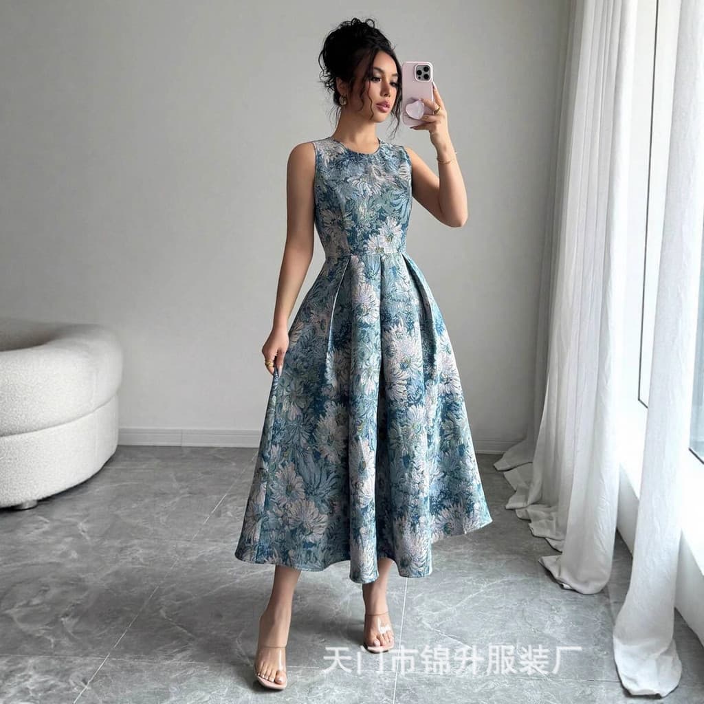 Estoque pronto Transporte rápido feminino pintura a óleo Jacquard em torno do pescoço sem mangas cintura estreita mais m