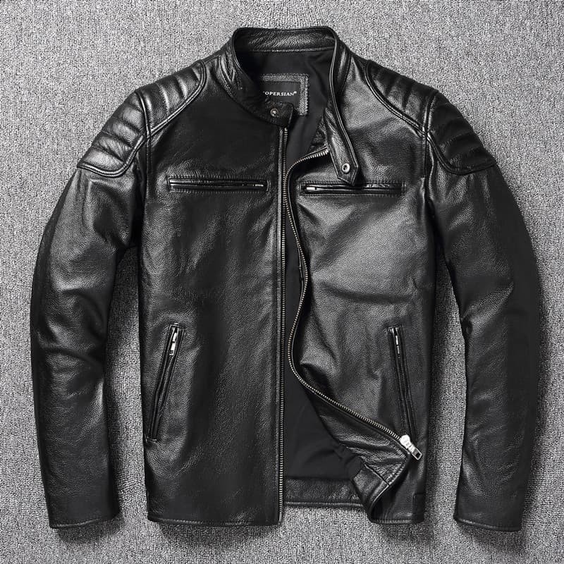 Novo estilo de coleta de vazamento pesado primeira camada de couro genuíno jaqueta masculina gola alta roupas de motocic