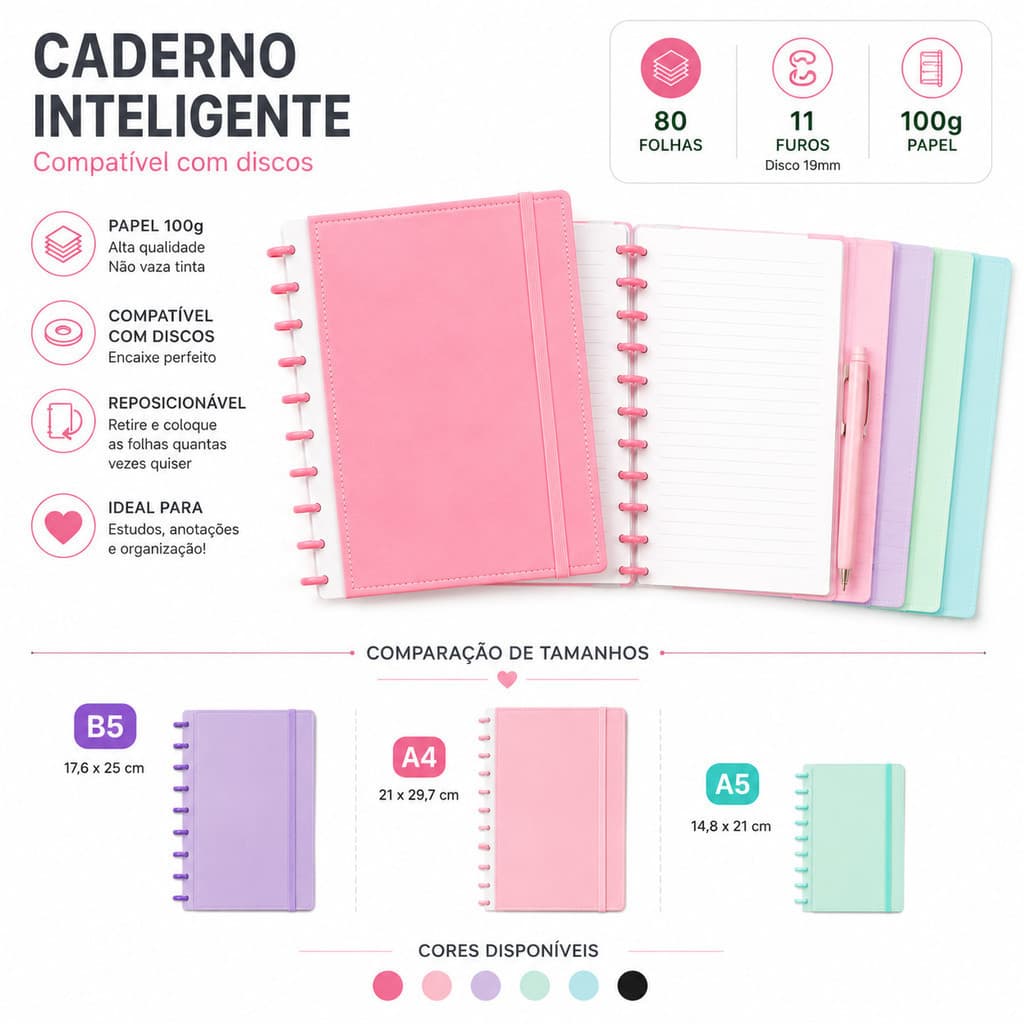 Caderno de Discos A4 A5 B5 / Refil 80 Folhas Capa Dura Planner Escolar