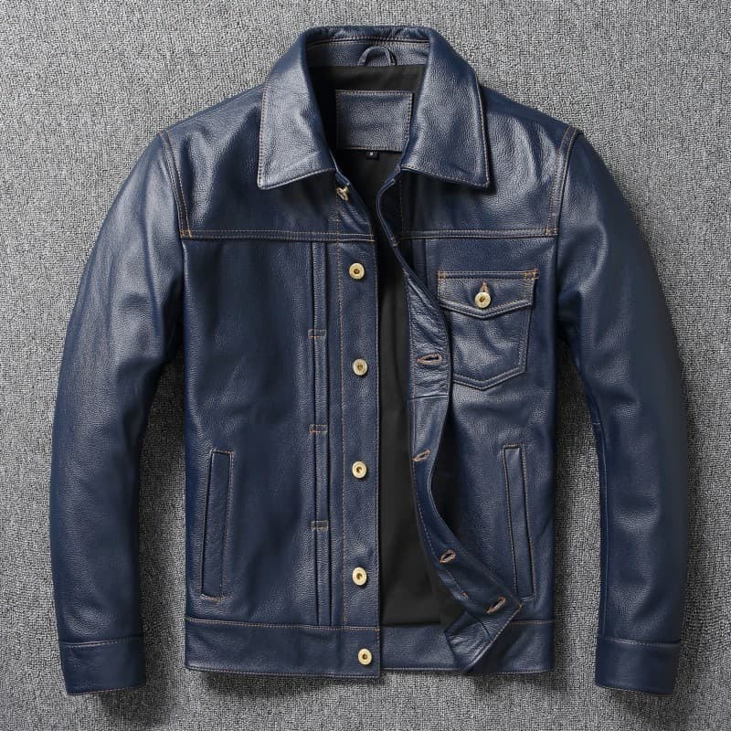 Primeira camada de couro 506 Denim azul lapela jaqueta fino-ajuste motocicleta jaqueta de couro genuíno masculino primav
