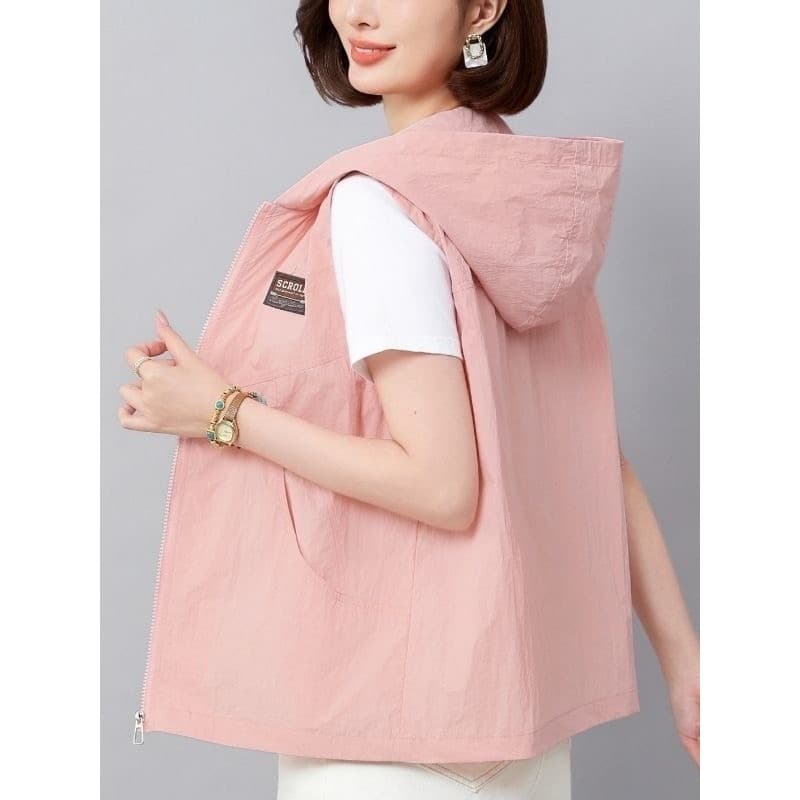 [Com rede respirável] primavera verão estilo fino com capuz protetor solar colete feminino mãe de meia-idade Casual All-