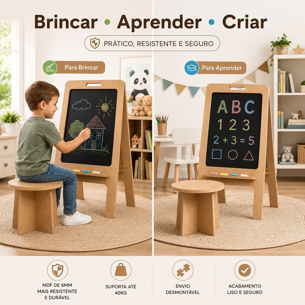 Lousa Infantil com Banquinho Dobrável em Madeira – Quadro Negro Educativo Espaço Kids