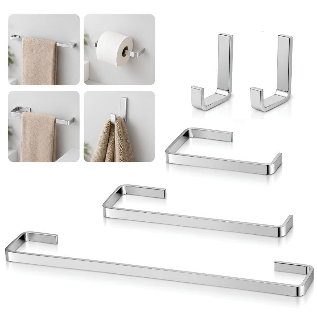 Conjunto Banheiro Completo Porta Toalha Papeleira Saboneteira E Cabides Duplos