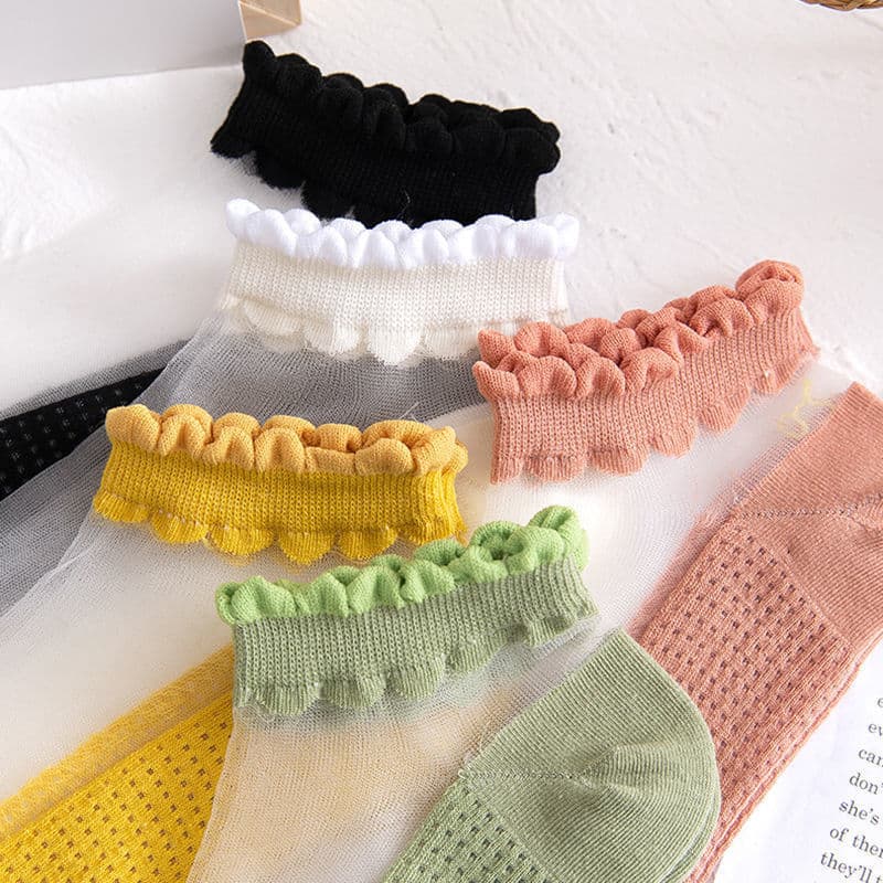 Meias femininas de malha de seda de vidro primavera verão fungo renda transparente ins estilo Ultra-fino algodão fundo c