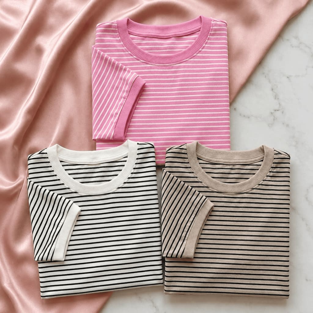 Kit 3 Camisetas Femininas Listradas 100% Algodão Blusa Básica Premium