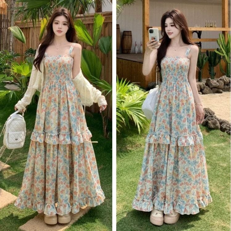 Tamanho grande temperamento cintura alta vestido Floral feminino gordura MM grande balanço estilingue saia longa proteto