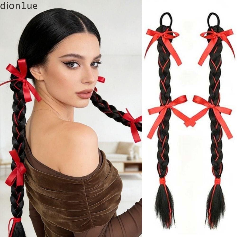 DION1UE Perucas Estilo Chinês Rabo De Cavalo , Faixas De Borracha Antigo Arco Vermelho Cabelo , Natural