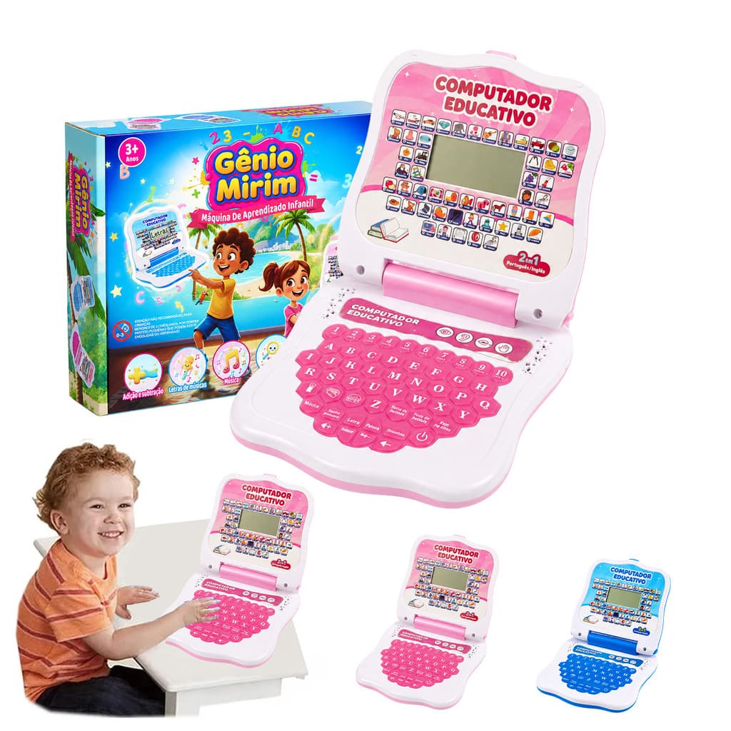 JogoJunto Laptop Infantil Educativo Bilíngue Português Inglês LCD Letras Números Jogos Matemática Brinquedo