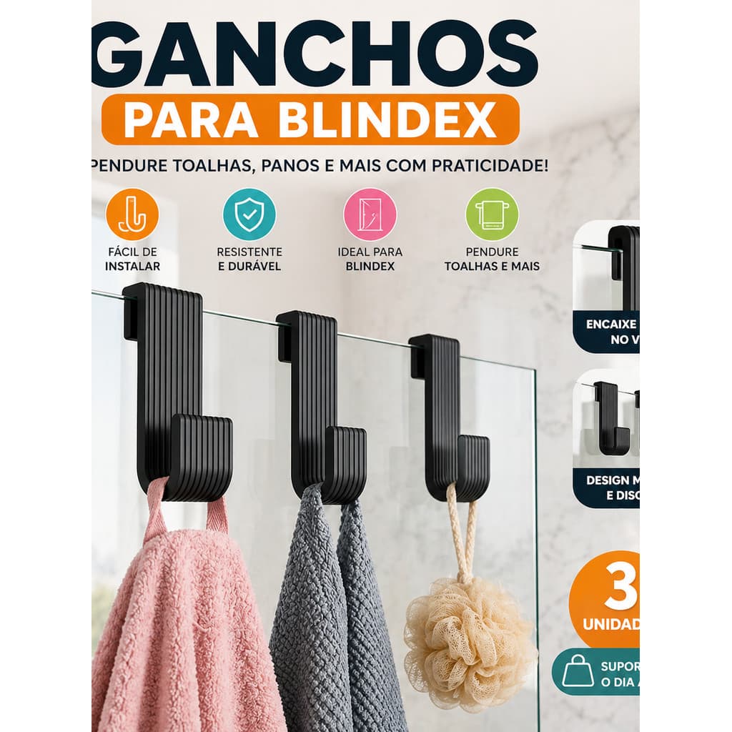 kit 3Gancho Para Blindex Porta Toalha Suporte Box Banheiro Gancho Para Pendurar Toalhas Panos De Prato Organizador Kit 3