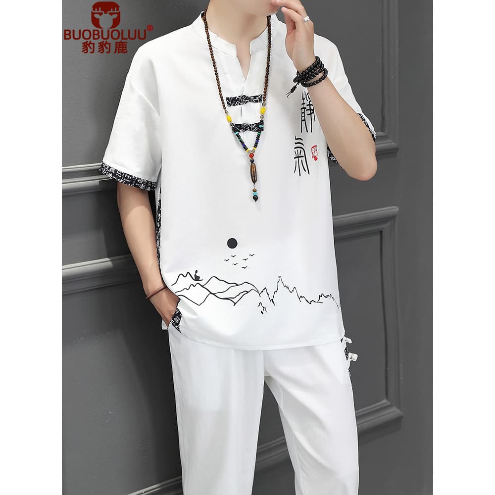 Verão estilo chinês terno Casual masculino Retro Tang terno chinês montanha terno de manga curta algodão linho gelo seda