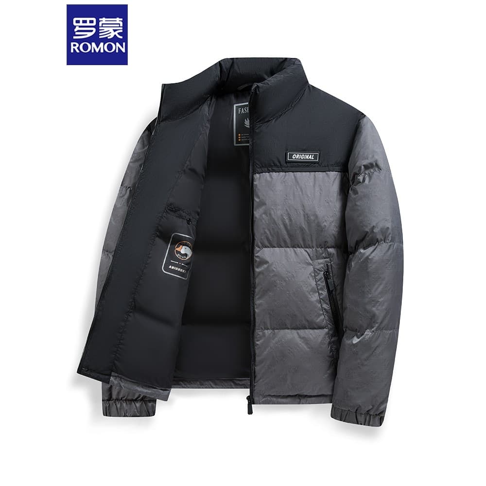 Lomon inverno para baixo jaqueta masculina 2025 novo estilo engrossado quente na moda costura impressa gola alta jaqueta