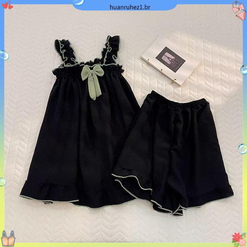 Pijamas de verão feminino Suspender Shorts conjunto estilo japonês arco ins estilo solto doce bonito fresco Homewear