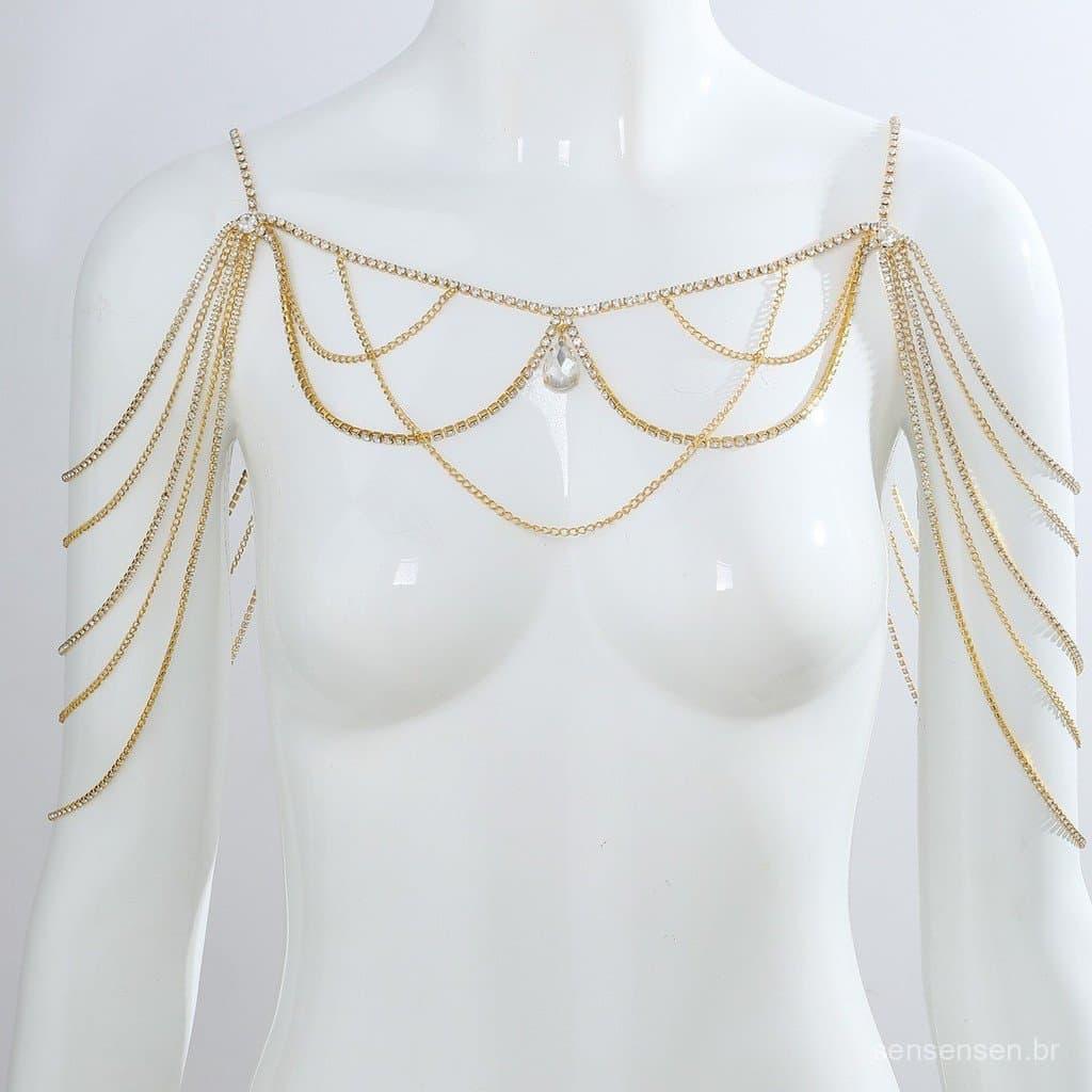 Luxuosa Corrente de Ombro com Franjas Multicamadas, Elegante Acessório Corporal para Noivas e Festas de Casamento, Corre