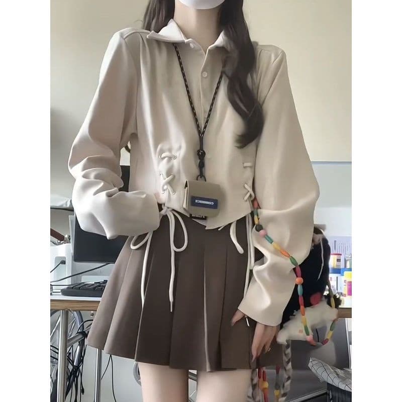 Terno de duas peças feminino outono novo estilo Preppy amarrado camisa de manga comprida topo feminino + saia plissada t
