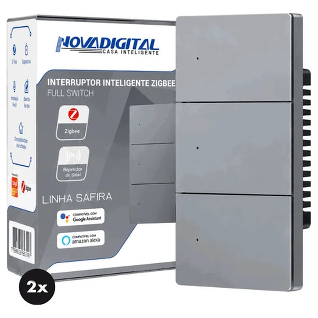 Kit 2 Interruptor Inteligente Zigbee 3 Teclas Novadigital Safira 10A 127 220V Cinza Compatível Alexa Google Tuya