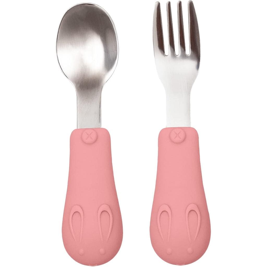 Kit Talheres Silicone e Aço Inoxidável Coelhinho Rosa - Buba