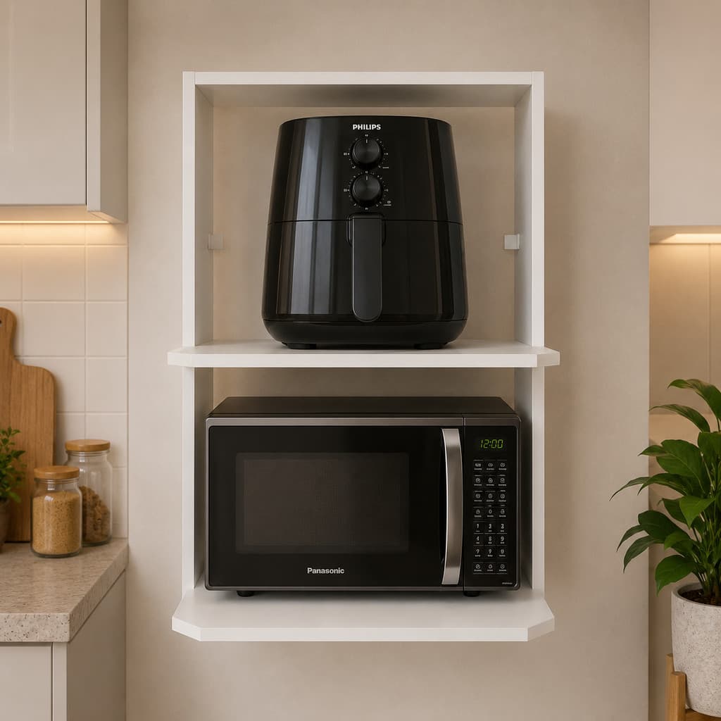 Armario Branco Para Microondas E Forno Eletrico Com Area Para Air Fryer De Parede MDF Com Prateleira Preto