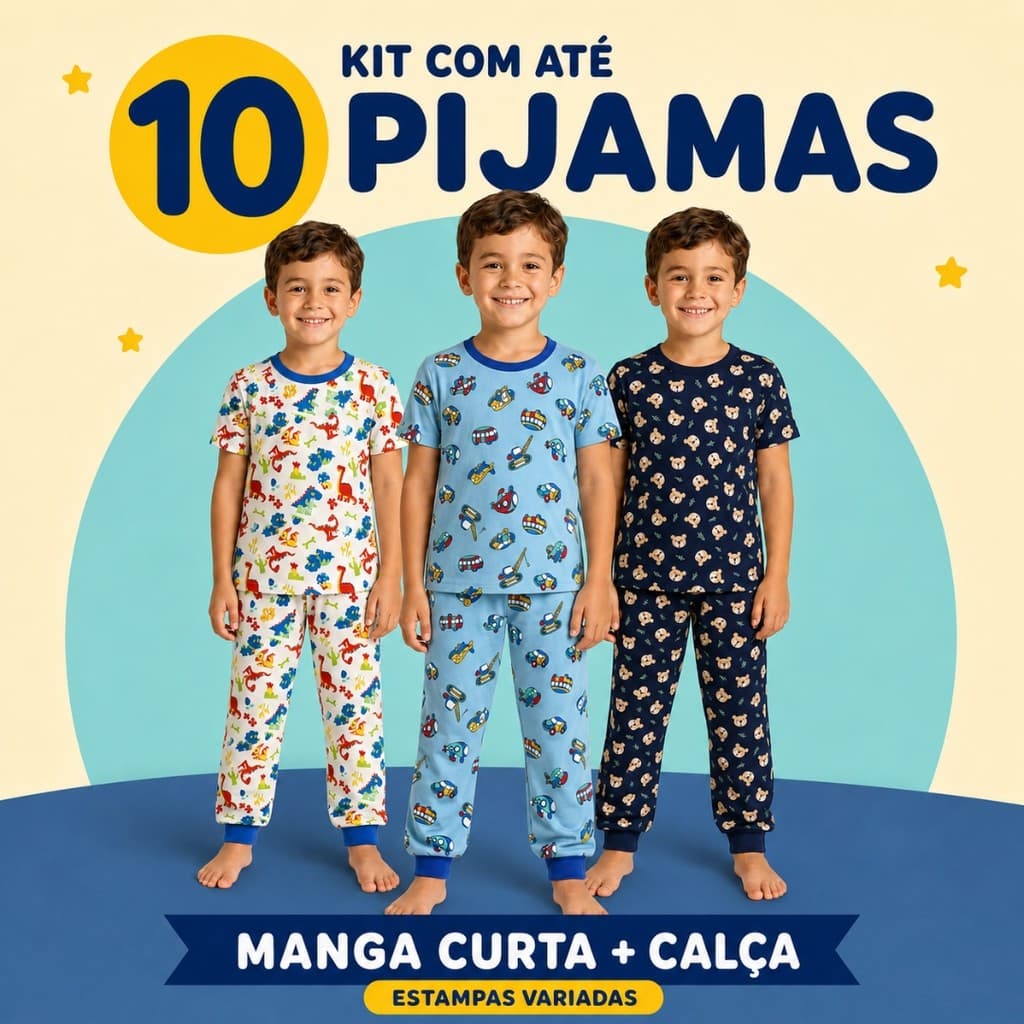 Kit Com Até 10 Pijamas Infantis Masculinos Manga Curta com Calça Com Punho Estampados Pijama Infantil Confortável