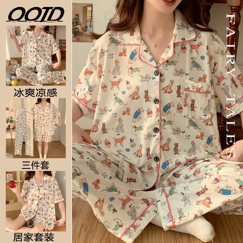 Pijama de seda gelo tamanho Extra grande feminino verão gordura mm Plus size 100kg verão zoológico três peças Homewear 1