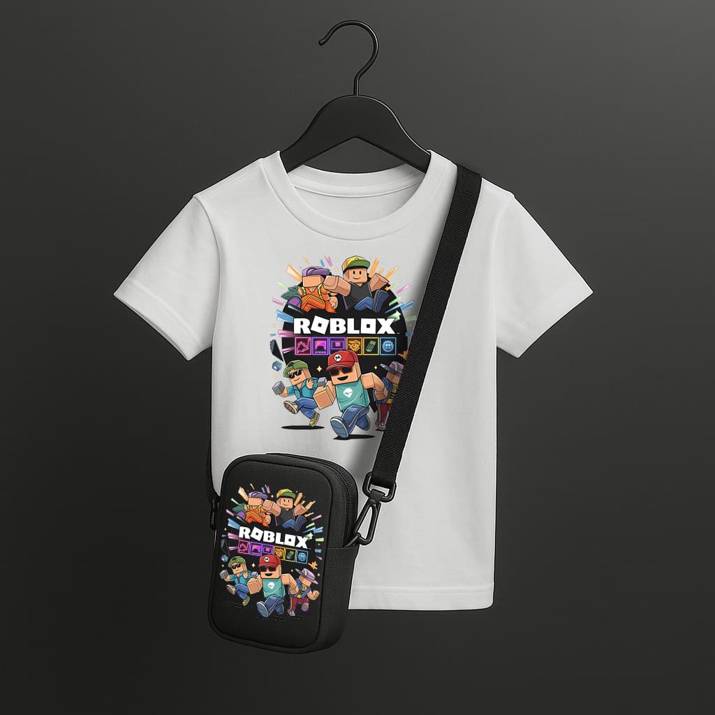 Kit Infantil Roblox – Camiseta Branca Estampada + Bolsa Bag Tiracolo Personagem Gamer