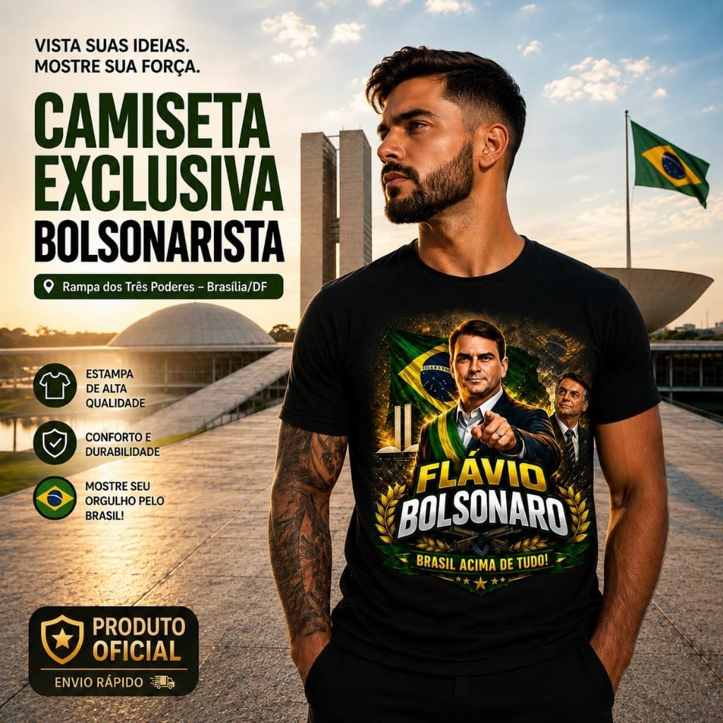 Camisa Estampada Flávio Bolsonaro Manga Curta Malha Fria Política