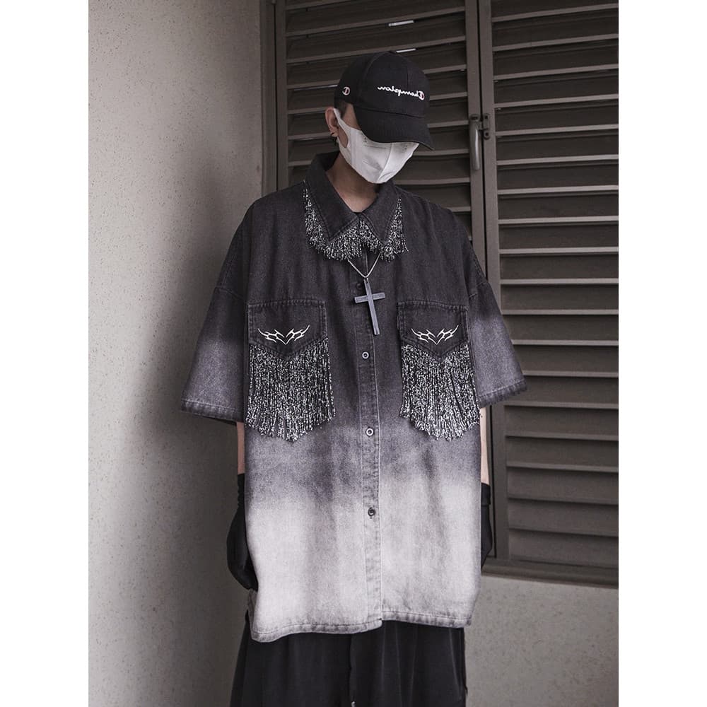 UUCSCC Hip-Hop Street Wear Retro vintage camisa de manga curta estilo japonês solto angustiado cinco pontos
