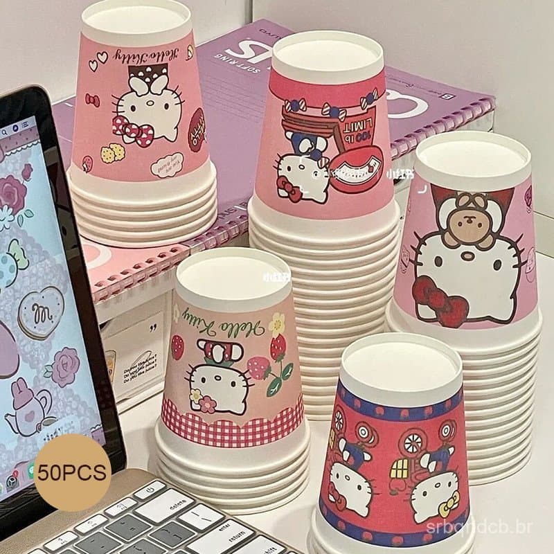 Copo De Papel Descartável Dos Desenhos Animados Da Hello Kitty , 50 Peças , Copos De Fibra Engrossados De Alta Aparência
