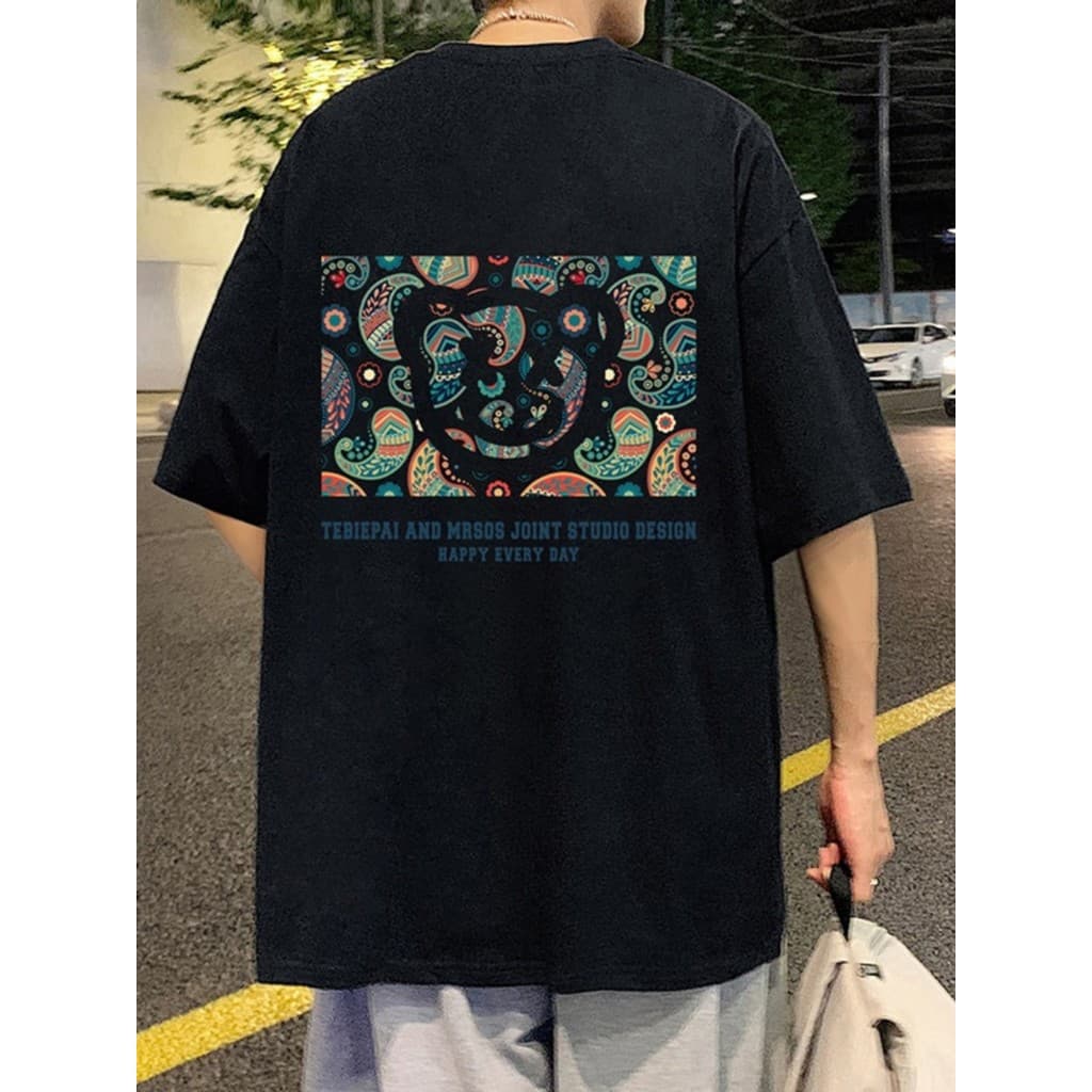 Verão puro algodão solto em torno do pescoço de manga curta camiseta masculina na moda estilo étnico impresso meia manga