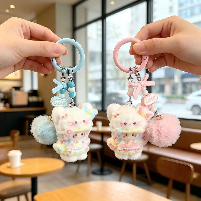 Chaveiro de gato de pelúcia Lolita, pingente para bolsa com laço de pompom e miçangas, presente para o Dia dos Namorados