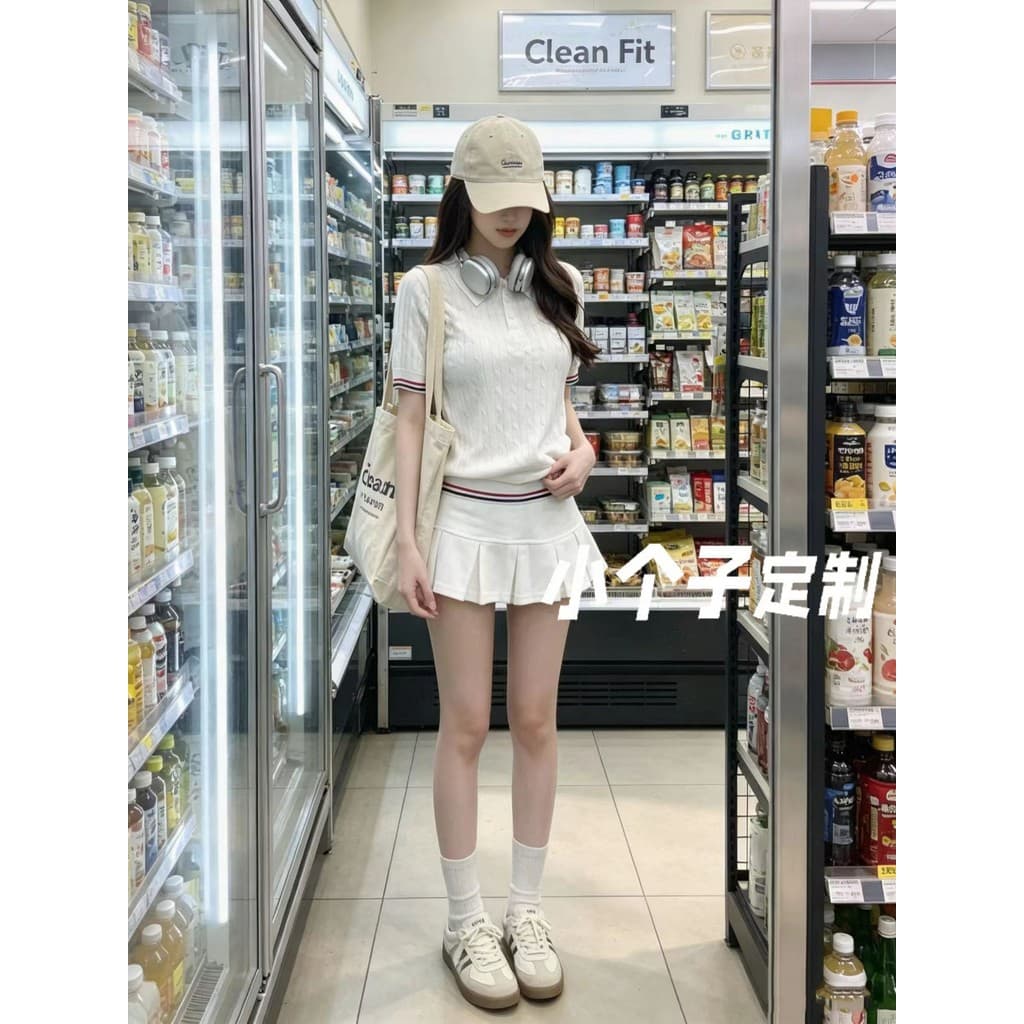 Estilo Preppy tênis terno feminino verão esportes polo malha de manga curta superior idade-reduzindo saia plissada peque