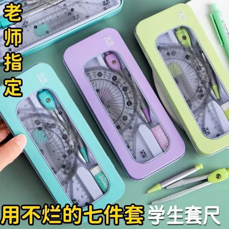 Conjunto De Geometria De Estudante 7pcs Bússola Régua Transferidor Triângulo Kit De Desenho Para Exame