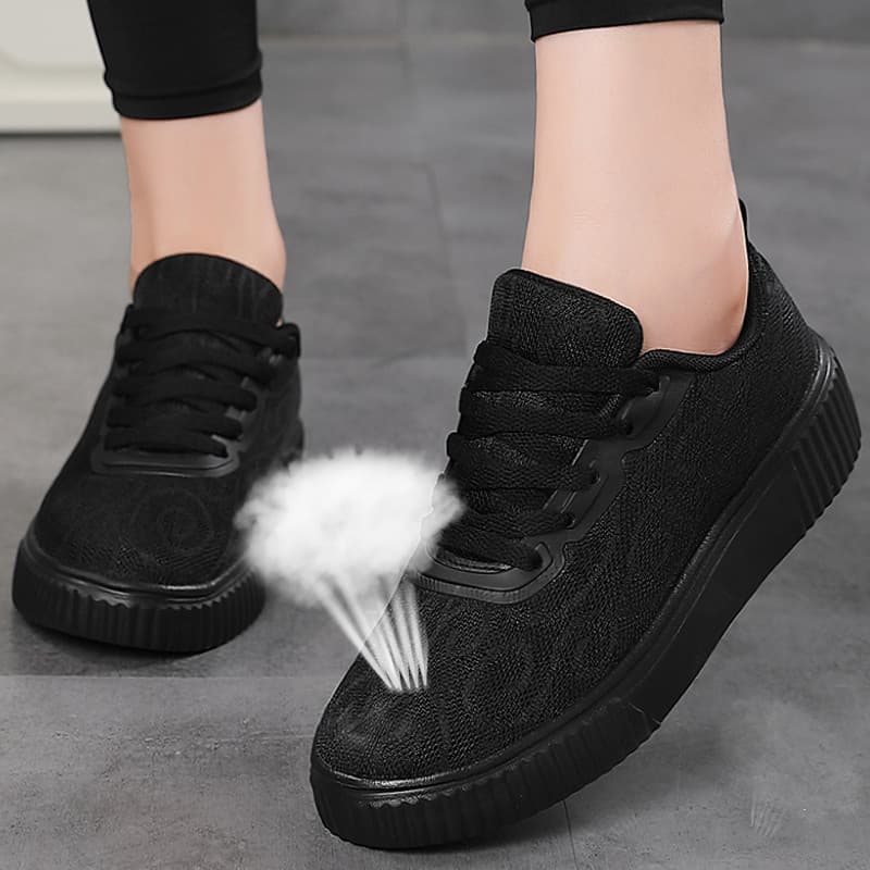Sapatos femininos de dedo redondo com cadarço, sapatos esportivos pretos de verão, estilo fino, respirável, malha única,