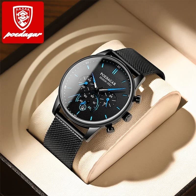 Poedagar Relógio Masculino 632 Luxo Pequeno Três Mostrador Esporte Parar Cronógrafo Calendário De Aço Inoxidável Moda Pu
