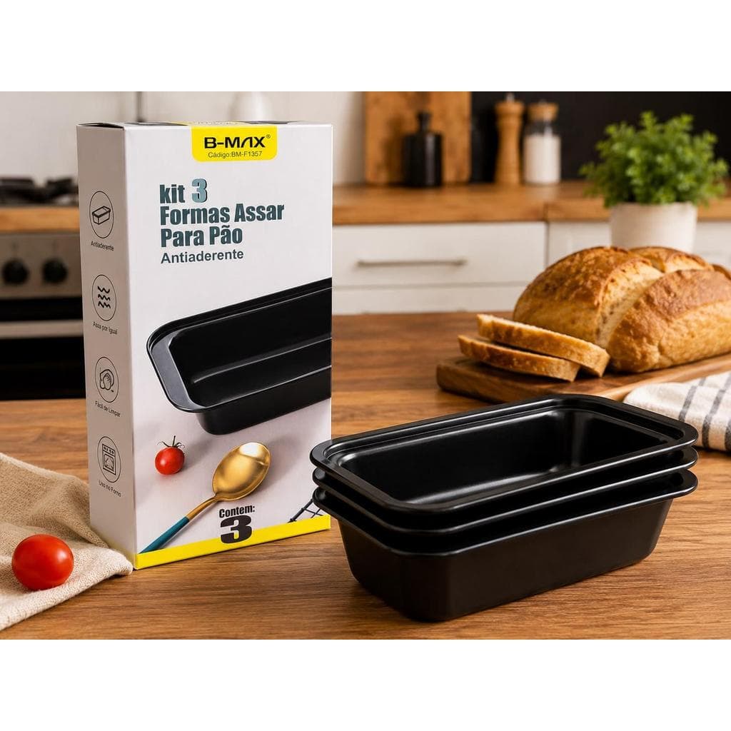 Kit 3 Formas para Assar Pão Antiaderente B-MAX – Formas para Bolo e Pão de Forma
