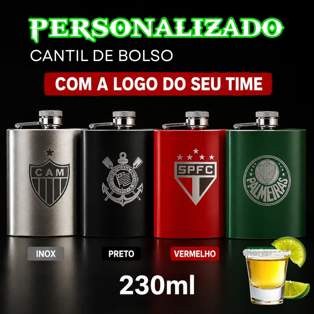 Cantil De Bolso Personalizado  Com Seu Time & Nome 230ml Porta Bebidas Whisky Vodka Gravação a Laser Presente