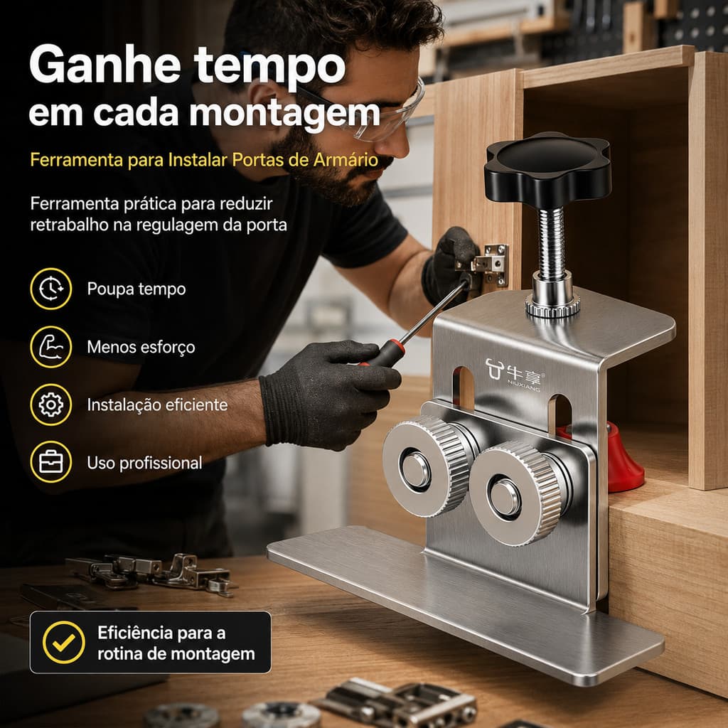 Ferramenta para instalar portas de armário com fixação uniforme prática e adequada para uso em marcenaria doméstica