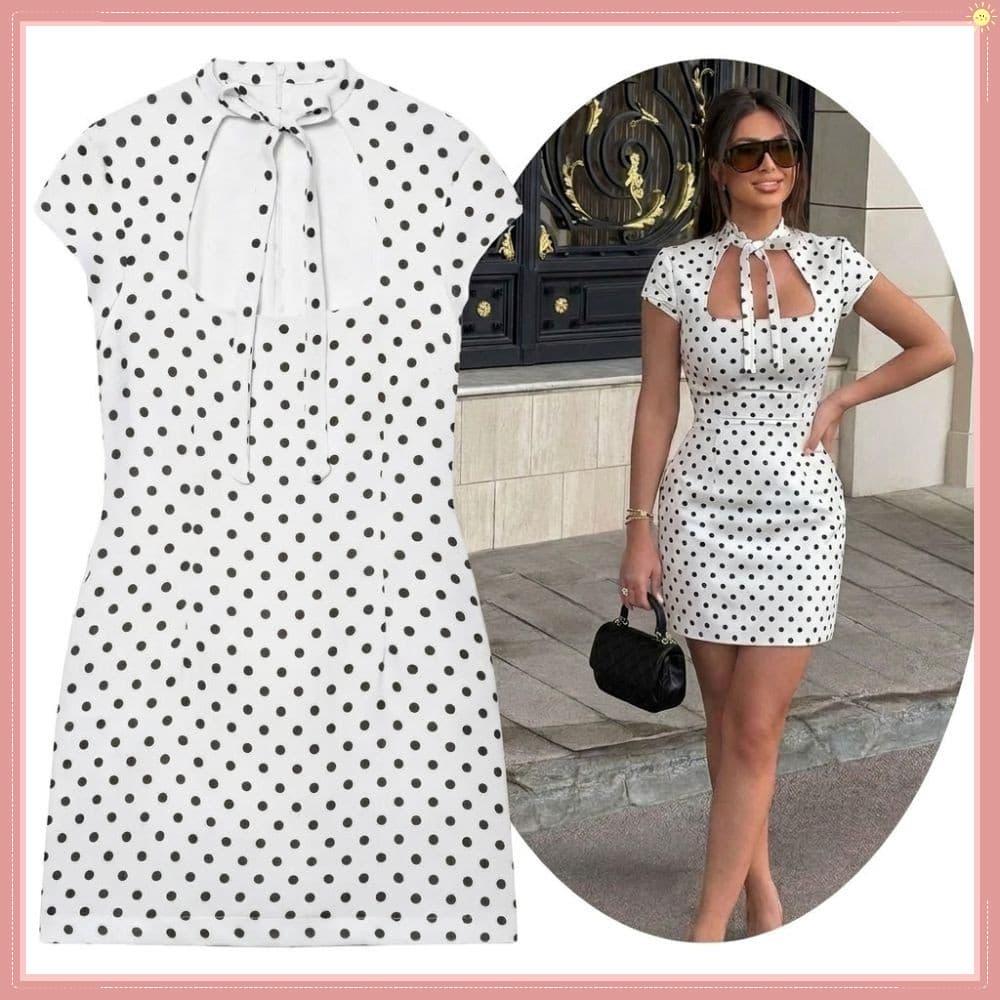 Vestido Bodycon , Minivestido Feminino De Manga Curta Com Recorte Frontal , De Bolinhas De Comprimento Mini