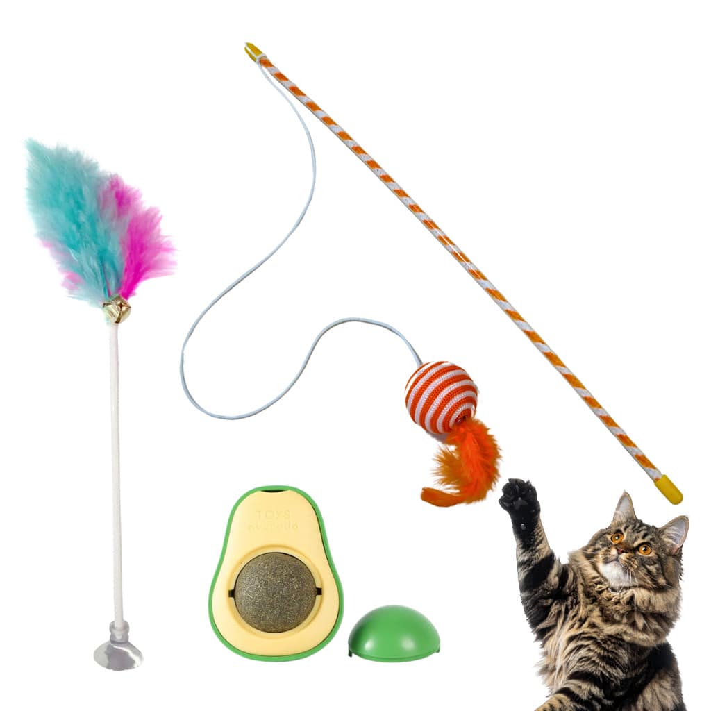 Kit 3 Brinquedos Para Gatos Varinha Interativa Pena Com Ventosa Catnip Abacate