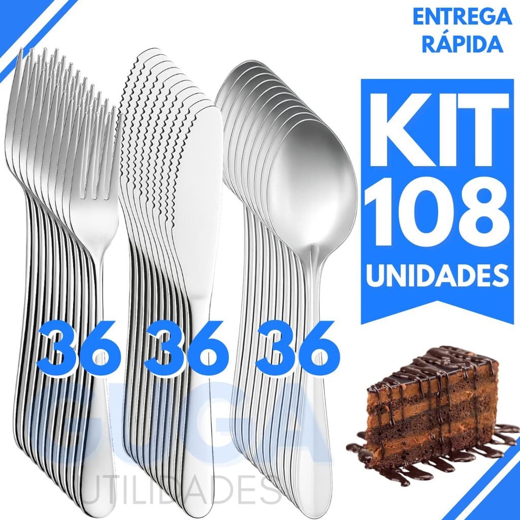 Kit 108 Talheres de Sobremesa Inox Premium, 36 Garfos, 36 Facas e 36 Colheres, Resistentes e Elegantes para Doces