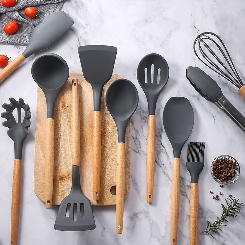 Kit 12 Peças Utensílios De Cozinha Colheres Espatula Silicone Cabo Madeira Decoração - Melhor Preço